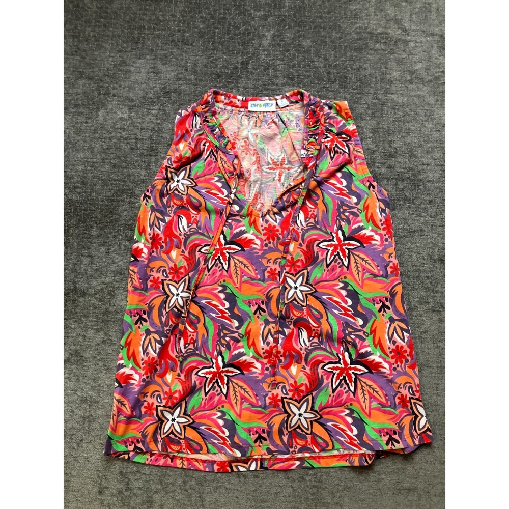 Kiwi Fresh Tank‎ Top Womens Small Multicolor Floral Tropical Sleeveless Tie Neck